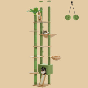 PAWZ Road Cactus Cat Tree Floor to Ceiling Cat Tower Adjustable Height (90.5''~100.4'' = 230cm~252cm) with Cat Condo, Cozy Hammock and Scratching Post, Tall Cat Activity Tree for Indoor Cats, Green