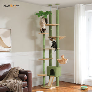 PAWZ Road Cactus Cat Tree Floor to Ceiling Cat Tower Adjustable Height (90.5''~100.4'' = 230cm~252cm) with Cat Condo, Cozy Hammock and Scratching Post, Tall Cat Activity Tree for Indoor Cats, Green