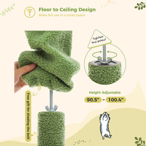 PAWZ Road Cactus Cat Tree Floor to Ceiling Cat Tower Adjustable Height (90.5''~100.4'' = 230cm~252cm) with Cat Condo, Cozy Hammock and Scratching Post, Tall Cat Activity Tree for Indoor Cats, Green