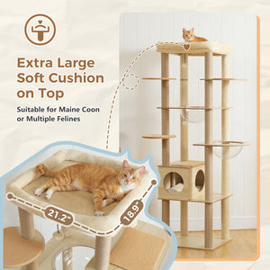 PAWZ Road 71-Inch, Wood Cat Tree Tower with Acrylic Nests, Multi-Level Cat Activity with Scratching Posts, Condo House and Large Top Perch, Beige