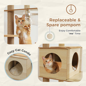 PAWZ Road 71-Inch, Wood Cat Tree Tower with Acrylic Nests, Multi-Level Cat Activity with Scratching Posts, Condo House and Large Top Perch, Beige