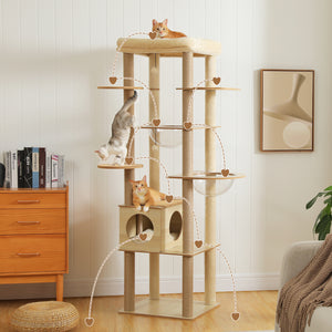 PAWZ Road 71-Inch, Wood Cat Tree Tower with Acrylic Nests, Multi-Level Cat Activity with Scratching Posts, Condo House and Large Top Perch, Beige