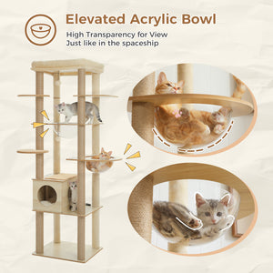 PAWZ Road 71-Inch, Wood Cat Tree Tower with Acrylic Nests, Multi-Level Cat Activity with Scratching Posts, Condo House and Large Top Perch, Beige