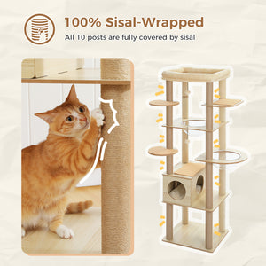 PAWZ Road 71-Inch, Wood Cat Tree Tower with Acrylic Nests, Multi-Level Cat Activity with Scratching Posts, Condo House and Large Top Perch, Beige