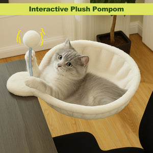 PAWZ Road Cat Bed for Desk - 14 Inch Space Saving Cat Hammock with Interactive Plush Ball Supports Up to 50lbs - Fits Tables Under 5cm Thick White