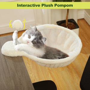 PAWZ Road Cat Bed for Desk - 14 Inch Space Saving Cat Hammock with Interactive Plush Ball Supports Up to 50lbs - Fits Tables Under 5cm Thick White
