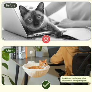 PAWZ Road Cat Bed for Desk - 14 Inch Space Saving Cat Hammock with Interactive Plush Ball Supports Up to 50lbs - Fits Tables Under 5cm Thick White