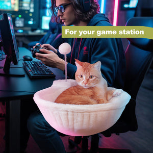 PAWZ Road Cat Bed for Desk - 14 Inch Space Saving Cat Hammock with Interactive Plush Ball Supports Up to 50lbs - Fits Tables Under 5cm Thick White