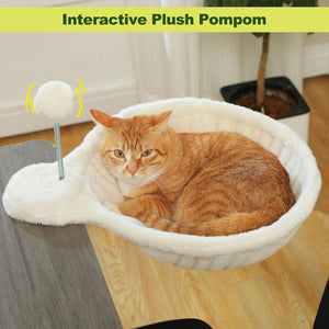 PAWZ Road Cat Bed for Desk - 14 Inch Space Saving Cat Hammock with Interactive Plush Ball Supports Up to 50lbs - Fits Tables Under 5cm Thick White