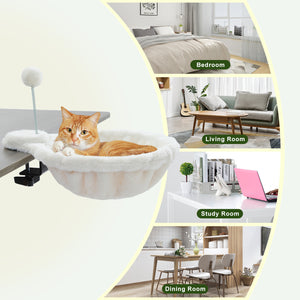 PAWZ Road Cat Bed for Desk - 14 Inch Space Saving Cat Hammock with Interactive Plush Ball Supports Up to 50lbs - Fits Tables Under 5cm Thick White