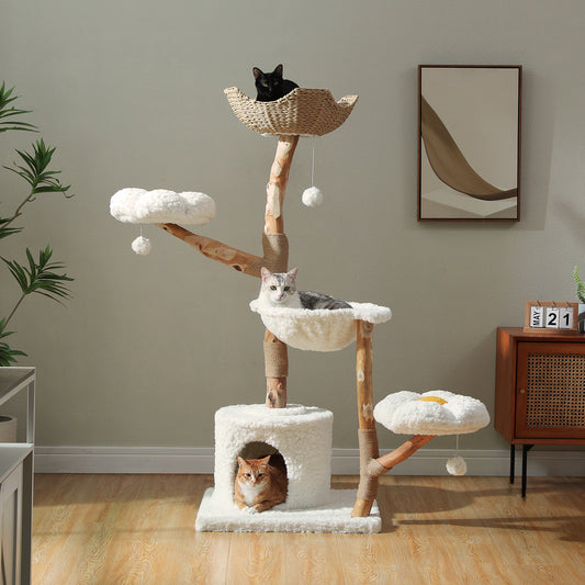 PAWZ Road 59-Inch Modern Luxury Wood Cat Tree Tower, Natural Wood,  Condo& Hammock, Flower Design for Indoor Cats, White, Home