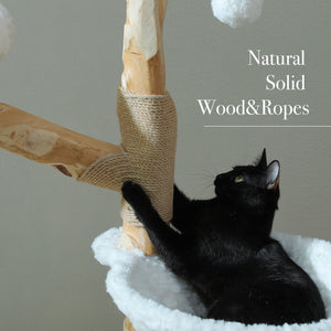 PAWZ Road 59-Inch Modern Luxury Wood Cat Tree Tower, Natural Wood,  Condo& Hammock, Flower Design for Indoor Cats, White, Home