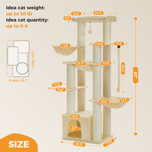 PAWZ Road 67-Inch Large Cat Tower Tree for Indoor Cats Adult with 7 Thick Black Scratching Posts (φ4.3), Multi-Level Condo, Big Perch & Hammocks -Black/Gray/Beige