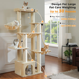 PAWZ Road 67-Inch Large Cat Tower Tree for Indoor Cats Adult with 7 Thick Black Scratching Posts (φ4.3), Multi-Level Condo, Big Perch & Hammocks -Black/Gray/Beige