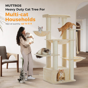 PAWZ Road 67-Inch Large Cat Tower Tree for Indoor Cats Adult with 7 Thick Black Scratching Posts (φ4.3), Multi-Level Condo, Big Perch & Hammocks -Black/Gray/Beige
