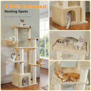 PAWZ Road 67-Inch Large Cat Tower Tree for Indoor Cats Adult with 7 Thick Black Scratching Posts (φ4.3), Multi-Level Condo, Big Perch & Hammocks -Black/Gray/Beige