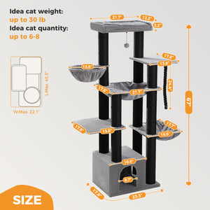 PAWZ Road 67-Inch Large Cat Tower Tree for Indoor Cats Adult with 7 Thick Black Scratching Posts (φ4.3), Multi-Level Condo, Big Perch & Hammocks -Black/Gray/Beige
