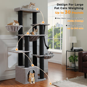 PAWZ Road 67-Inch Large Cat Tower Tree for Indoor Cats Adult with 7 Thick Black Scratching Posts (φ4.3), Multi-Level Condo, Big Perch & Hammocks -Black/Gray/Beige
