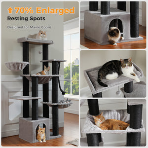 PAWZ Road 67-Inch Large Cat Tower Tree for Indoor Cats Adult with 7 Thick Black Scratching Posts (φ4.3), Multi-Level Condo, Big Perch & Hammocks -Black/Gray/Beige