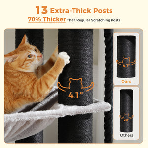 PAWZ Road 67-Inch Large Cat Tower Tree for Indoor Cats Adult with 7 Thick Black Scratching Posts (φ4.3), Multi-Level Condo, Big Perch & Hammocks -Black/Gray/Beige