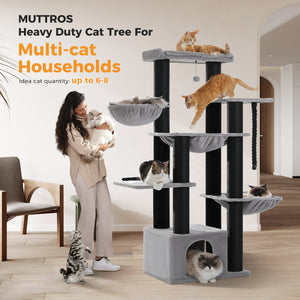 PAWZ Road 67-Inch Large Cat Tower Tree for Indoor Cats Adult with 7 Thick Black Scratching Posts (φ4.3), Multi-Level Condo, Big Perch & Hammocks -Black/Gray/Beige