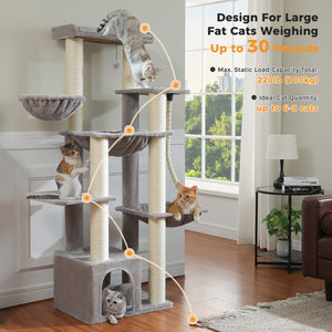 PAWZ Road 67-Inch Large Cat Tower Tree for Indoor Cats Adult with 7 Thick Black Scratching Posts (φ4.3), Multi-Level Condo, Big Perch & Hammocks -Black/Gray/Beige