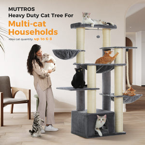 PAWZ Road 67-Inch Large Cat Tower Tree for Indoor Cats Adult with 7 Thick Black Scratching Posts (φ4.3), Multi-Level Condo, Big Perch & Hammocks -Black/Gray/Beige