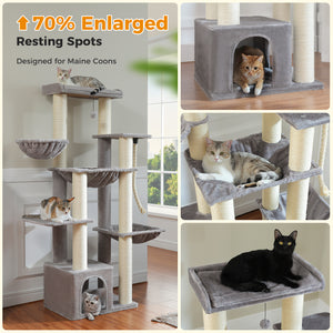 PAWZ Road 67-Inch Large Cat Tower Tree for Indoor Cats Adult with 7 Thick Black Scratching Posts (φ4.3), Multi-Level Condo, Big Perch & Hammocks -Black/Gray/Beige