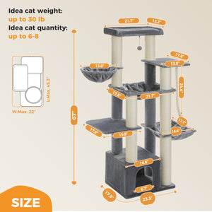 PAWZ Road 67-Inch Large Cat Tower Tree for Indoor Cats Adult with 7 Thick Black Scratching Posts (φ4.3), Multi-Level Condo, Big Perch & Hammocks -Black/Gray/Beige