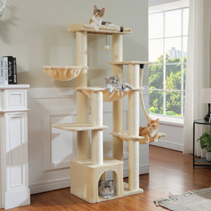 PAWZ Road 67-Inch Large Cat Tower Tree for Indoor Cats Adult with 7 Thick Black Scratching Posts (φ4.3), Multi-Level Condo, Big Perch & Hammocks -Black/Gray/Beige