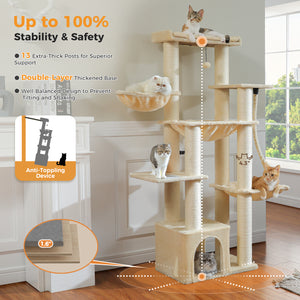 PAWZ Road 67-Inch Large Cat Tower Tree for Indoor Cats Adult with 7 Thick Black Scratching Posts (φ4.3), Multi-Level Condo, Big Perch & Hammocks -Black/Gray/Beige