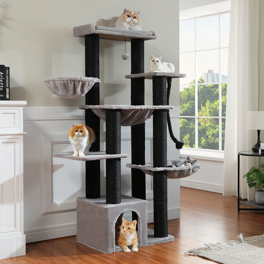 PAWZ Road 67-Inch Large Cat Tower Tree for Indoor Cats Adult with 7 Thick Black Scratching Posts (φ4.3), Multi-Level Condo, Big Perch & Hammocks -Black/Gray/Beige
