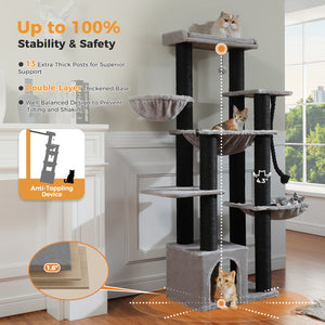 PAWZ Road 67-Inch Large Cat Tower Tree for Indoor Cats Adult with 7 Thick Black Scratching Posts (φ4.3), Multi-Level Condo, Big Perch & Hammocks -Black/Gray/Beige