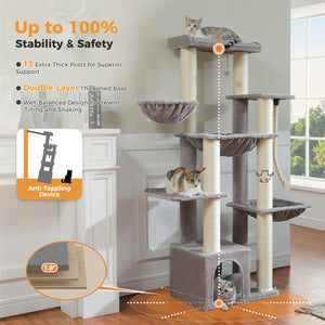PAWZ Road 67-Inch Large Cat Tower Tree for Indoor Cats Adult with 7 Thick Black Scratching Posts (φ4.3), Multi-Level Condo, Big Perch & Hammocks -Black/Gray/Beige