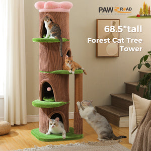 Brown Tree Trunk Cat Tree, 68..5-Inch Tall with Removable Pink Flower Top Perch, 5-Level Cat Tower with 4 Condos & Hanging Balls, Jungle-Themed Furniture