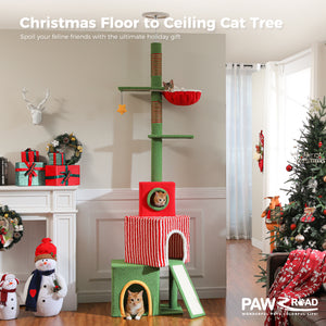 Christmas Cat Tree Tower, Height Adjustable 90.9"-107.8" Floor to Ceiling Cat Condo with 2 Condos, Sisal Scratching Posts, Festive Red Green Cat Tower