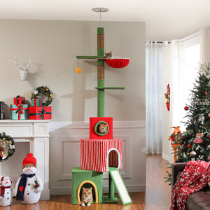 Christmas Cat Tree Tower, Height Adjustable 90.9"-107.8" Floor to Ceiling Cat Condo with 2 Condos, Sisal Scratching Posts, Festive Red Green Cat Tower