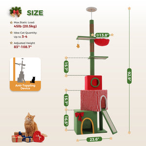 Christmas Cat Tree Tower, Height Adjustable 90.9"-107.8" Floor to Ceiling Cat Condo with 2 Condos, Sisal Scratching Posts, Festive Red Green Cat Tower