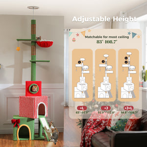 Christmas Cat Tree Tower, Height Adjustable 90.9"-107.8" Floor to Ceiling Cat Condo with 2 Condos, Sisal Scratching Posts, Festive Red Green Cat Tower
