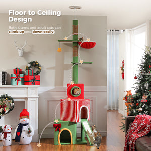 Christmas Cat Tree Tower, Height Adjustable 90.9"-107.8" Floor to Ceiling Cat Condo with 2 Condos, Sisal Scratching Posts, Festive Red Green Cat Tower