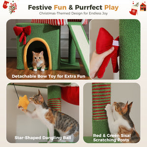 Christmas Cat Tree Tower, Height Adjustable 90.9"-107.8" Floor to Ceiling Cat Condo with 2 Condos, Sisal Scratching Posts, Festive Red Green Cat Tower
