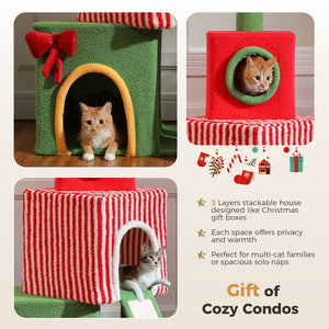 Christmas Cat Tree Tower, Height Adjustable 90.9"-107.8" Floor to Ceiling Cat Condo with 2 Condos, Sisal Scratching Posts, Festive Red Green Cat Tower