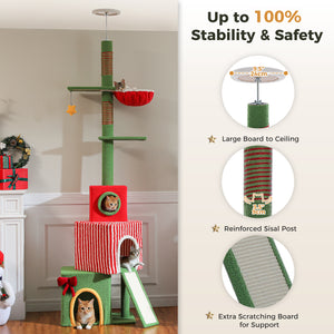 Christmas Cat Tree Tower, Height Adjustable 90.9"-107.8" Floor to Ceiling Cat Condo with 2 Condos, Sisal Scratching Posts, Festive Red Green Cat Tower