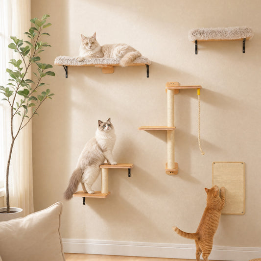 5-in-1 Wall Mounted Cat Furniture Set | Wooden Climbing Shelves with Scratching Post & Sisal Pad, Space-Saving Vertical Playground for Large Cats