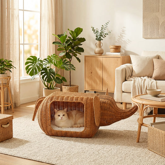 Elephant-shaped Cat House – Handwoven Wicker Cat Bed for Indoor Cats, featuring a thick plush cushion, suitable for large cats and kittens, made of sturdy natural rattan as a pet hideaway. Cat furniture measuring 35 x 12 x 13 inches.