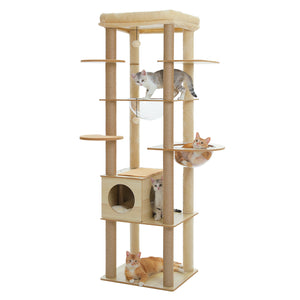 PAWZ Road 71-Inch, Wood Cat Tree Tower with Acrylic Nests, Multi-Level Cat Activity with Scratching Posts, Condo House and Large Top Perch, Beige