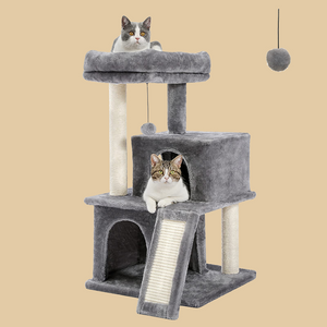 Pawz Road 34 Inches Cat Tree Multilevel Cat Tower with Double Condos, Spacious Perch, Fully Wrapped Scratching Sisal Post and Replaceable Dangling Balls Gray