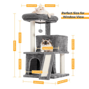 Pawz Road 34 Inches Cat Tree Multilevel Cat Tower with Double Condos, Spacious Perch, Fully Wrapped Scratching Sisal Post and Replaceable Dangling Balls Gray