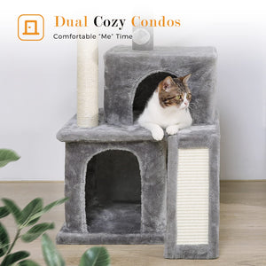 Pawz Road 34 Inches Cat Tree Multilevel Cat Tower with Double Condos, Spacious Perch, Fully Wrapped Scratching Sisal Post and Replaceable Dangling Balls Gray