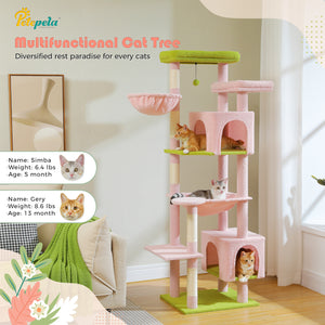 PAWZ Road Large Cat Tree, 69-Inch Tall Cat Tower for Indoor Large Cats with Large Hammock, Scratching Posts, Cozy Condo and Top Perch